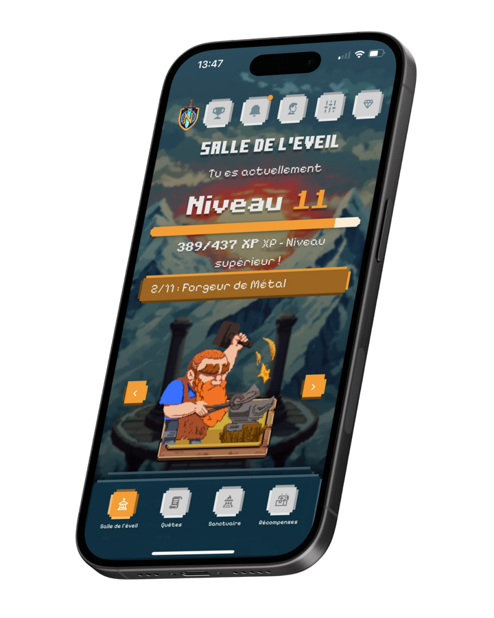 Aperçu de l'application NeoSystem : la Salle de l'Éveil avec le niveau du joueur, sa barre d'XP et son personnage pixel-art