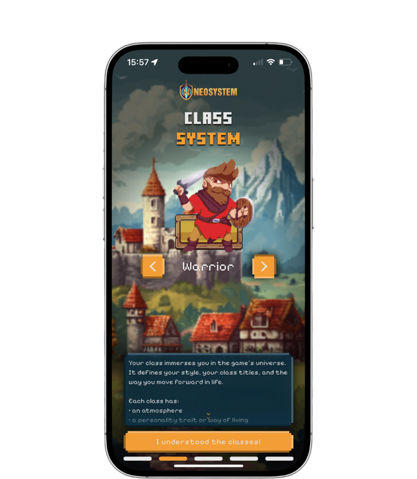 Écran du système de classes dans NeoSystem : sélection du personnage Guerrier